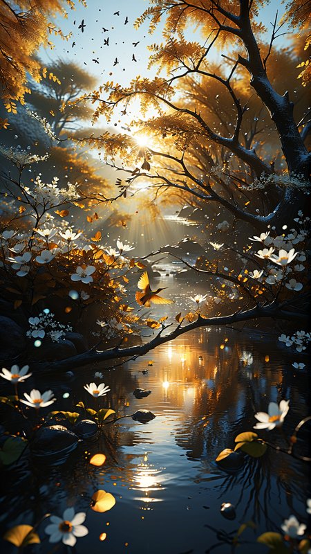 low angel, golden colors,In a surreal golden forest the rising sun glow upon the scene. A beam of light pierces through the dense foliage illuminating a crystal clear babbling brook. Golden butterflies dance among the white blossoms that bloom upon the trees their delicate petals gently swaying in the breeze. In the backgroundi the sky is a deep blue hue dotted with stars. The air is serene and the sound of birds chirping fills the morning air, 
vibrant, beautiful, translucent, intricate, detailed, 
many details, extreme detailed, full of details,
Wide range of colors., Dramatic,Dynamic,Cinematic,Sharp details
Insane quality. Insane resolution. Insane details. Masterpiece. 32k resolution.
<lora:add-detail-xl:0.9>  dvr-lnds-sdxl <lora:MJ52:0.5>  <lora:zavy-cntrst-sdxl:0.4>  <lora:zavy-rmlght-sdxl:0.4>