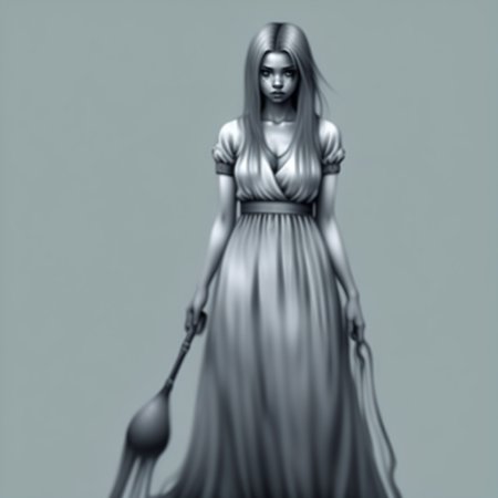spot color, dress, traditional media, 1girl, monochrome, blood, greyscale