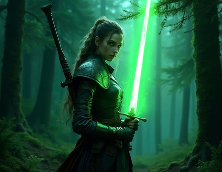 realistic female warrior, glowing green sword, dark enchanted forest, wind blowing leaves, intense gaze, highly detailed glowing armor, photorealistic fantasy setting, 
Standing with the sword behind the back, both hands gripping the hilt, intense concentration,
Clusters of tall, straight pine trees with needles carpeting the ground, Moss-draped branches hanging low, Strong backlighting creates a dark outline of the subject against a bright background.Weathered, peeling textures, adding an aged, distressed look.Predominantly dark tones with strong shadows, creating a moody atmosphere.Complex, repeating shapes that extend infinitely, often with a mathematical aesthetic.


