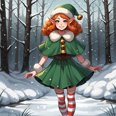 score_9, score_8_up, score_7_up, score_6_up, score_5_up, score_4_up, zPDXL2,source_anime,rating_questionable, outdoors, snow, smile,  <lora:Christmas_Elf:0.7>1girl,pointy ears, pointy ears, curly hair, smile, short, orange hair , freckles, long green hat, green skirt, fur trim, bells, striped socks,