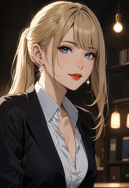 safe_pos, (anime, masterpiece, intricate:1.3), (best quality, hires textures, high detail:1.2), (4k),(incredibly detailed:1.4), perfect anatomy, correct sense of scale, side lighting, feminine body, shiny skin, graceful face, constricted waist, nice body, lips, Sexy mouth, high pointed nose, (nostrils:1.3), neatly drawn nose, 1woman, charming smile, gorgeous lips, blue eyes,  blonde hair, ponytail, side bangs, medium breasts, ((piercing, two holes at the bottom of the ear, one at the top)) (best illumination, an extremely delicate and beautiful) 8k wallpaper, masterpiece, best quality, ultra-detailed, best shadow, volumetric lighting), (beautiful detailed face, beautiful detailed eyes) ,extreme details eyes, shiny skin, full body, ear piercing
intense stare, sharp and defined facial features, high cheekbones; full red lips; pale skin, wide hips, toned thighs; black dress, deep v-neck cleavage, office brothel, dim lighting
