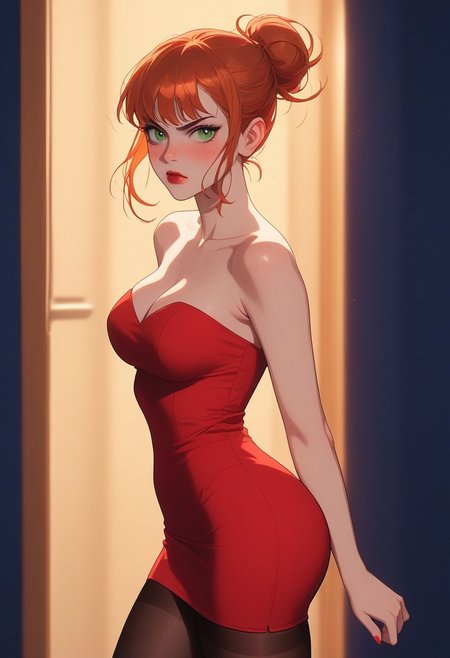 masterpiece,best quality, highly detailed, score_9, score_8_up, score_7_up, score_6_up, source_cartoon, 1woman,
 BREAK
 (Side view), (facing away, running),
BREAK
1woman, 21 years old, (ginger short single bun:1.2), bangs, green eyes, eye shadow, lipstick, serious, angry, freckles, blush cheeks,(wide hips, tick thighs, round butt, medium breasts:1.0),cleavage, red tube small dress, strapless, pantyhose,
 BREAK
(hotel hallway scenario:1.0), 
 BREAK
(night time, dark:1.3), vibrant colors, soft focus, high contrast, textured surfaces, depth of field, dramatic shadows, rich details, nature-inspired color palette, playful composition,dynamic light,
