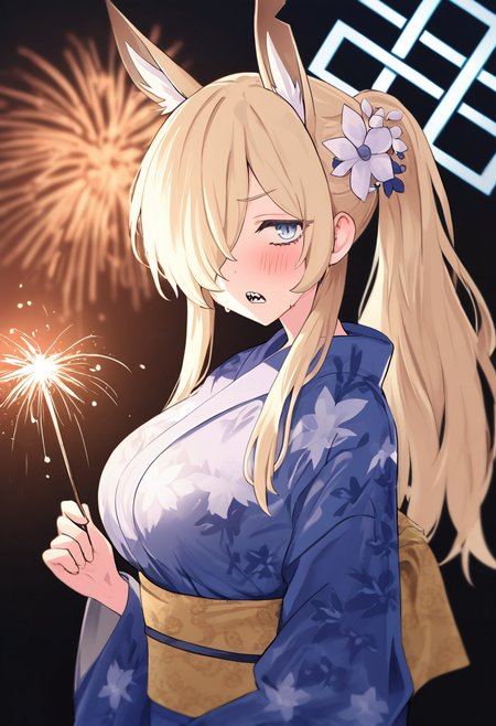 , blue archive, kanna \(blue archive\), 1girl, alternate costume, animal ear fluff, animal ears, blue eyes, blue kimono, blush, dog ears, dog girl, floral print, floral print kimono, flower, hair flower, hair ornament, hair over one eye, holding, holding fireworks, japanese clothes, kimono, long hair, looking at viewer, obi, open mouth, ponytail, print kimono, sash, sharp teeth, sidelocks, teeth, white flower, yellow sash, masterpiece, best quality, good quality