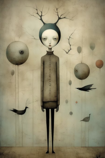 <lora:Gabriel Pacheco Style:1>Gabriel Pacheco Style - Imagine an intricately detailed, cool-toned graphic artwork that mirrors the magical realism of Gabriel Pacheco. The artistic medium should be digital painting, allowing for the incorporation of meticulous detail and texture. The style should mirror Pacheco's distinctive surreal approach, filled with fantastical creatures or otherworldly environments that provoke thought and wonder. The lighting should be strategically designed to highlight the details, creating an atmospheric glow that enhances the surrealistic vibe. The color palette should primarily include cool shades like deep blues, icy whites, and silvery grays, layered to create a mystic, dreamy effect. The composition should be dense and complex, each element contributing to a captivating and mysterious visual story.