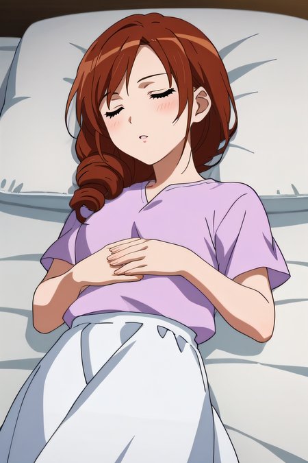 score_9, score_8_up, score_7_up, source_anime, rating_safe, intricate details, anime screencap, official style, anime coloring, solo, 1girl, <lora:Sarah_Damon:1>, sarah, cherry auburn hair, closed eyes, drill hair, hair over shoulder, lavender shirt, white skirt, long skirt, barefeet, looking at viewer, indoor, lying on bed, blush, sleeping, parted lips, hands on stomach, cowboy shot