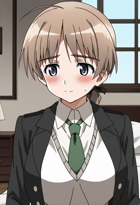 Lynette Bishop\(Strike Witches\), Big breasts,  1940s Bedroom, window, blushing, Looking away,  green necktie, 1girl,