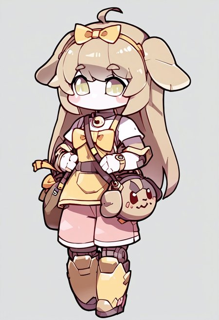 score_9,score_8_up,score_7_up,score_6_up, solo, 1girl, ahoge, JanePorterXLP, Trickcal Butter, chibi, robot, mecha, simple background, no humans, humanoid robot, standing, robot joints, no mouth,Headband with yellow ribbon in the middle, necklace with bells, yellow ribbon on the chest,1 dog shaped mini bag, pink shorts, golden retriever ears, light brown hair, long hair