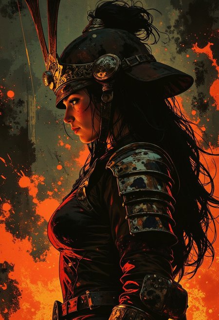 Silhouette Art, breathtaking detailed, masterpiece, awe-inspiring, radiant, magnificent. (all dark hues and fine vibrant orange glowing smoldering accent and shiny silver color scheme:1.02). glossy. stunning oriental woman, long hair, samurai helmet, red leather samurai armour, side profile, closeup portrait, chiascuro