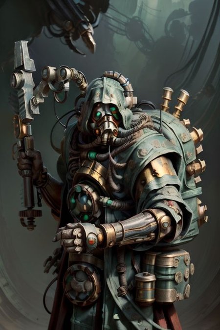 ((masterpiece,best quality)), absurdres, BREAK
mechanical arms, robes, hood, BREAK
((techpriest)), cyborg, mechanical face, mechanical limbs, gas mask, mechanical tentacles, (mechanical backpack), green cloak, BREAK
1other, solo, holding gun, weapon, gun, firearm, BREAK
(ZonaiAI),