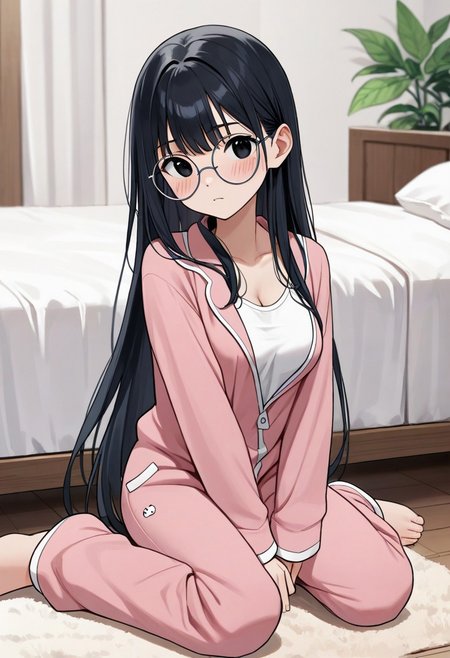 ZPDXL3, score_9, score_8_up, score_7_up, score_6_up, score_5_up, score_4_up, 1girl, medium breasts, solo, 
onesie pajamas, bedroom, sitting, blush,
cilily, black hair, long hair, black eyes, round eyewear,