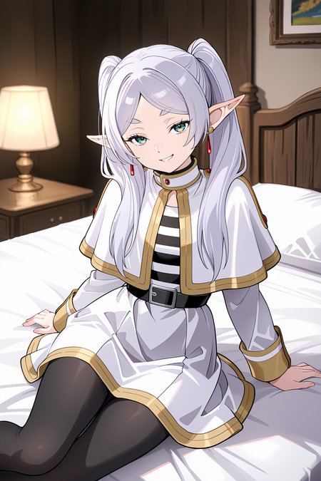 1girl, frieren, solo, twintails, earrings, black pantyhose, black belt, capelet, white skirt set, striped shirt, white jacket, upper body, bedroom, depth of field, sitting on side of the bed, reclining, arm support, ecstasy, gasping, smirk, looking at viewer <lora:Char-Frieren-IL-V1:0.8:hr=0.6>, (kanzaki hiro, konya karasue, mika pikazo, rella:0.6)
masterpiece, best quality, amazing quality, very aesthetic, absurdres, newest, (scenery, volumetric lighting), ray tracing, (bloom:1.4), cinematic