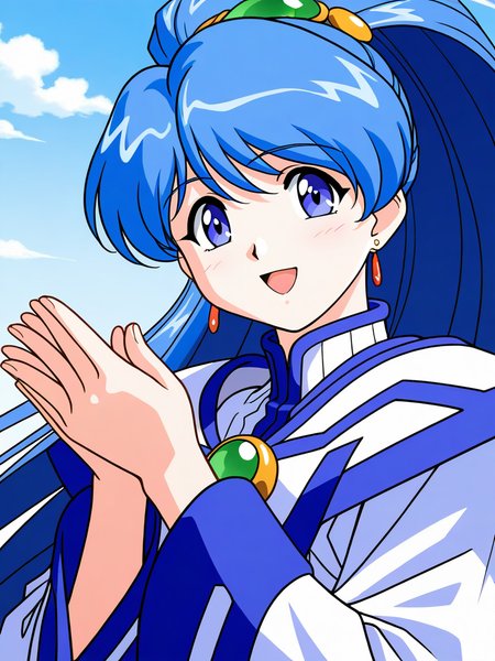 general,highres, game cg, ultra-detailed,very aesthetic,best quality ,best hands,  BREAK   <lora:Sakuya_Lansaihe_IS:1>Sakuya_Lansaihe, very blue hair, long hair, blue eyes, high ponytail, long sleeves, green jewelry,
 1girl, solo,  smile, open mouth, upper body,  looking at viewer, hairband, :d
blue sky,