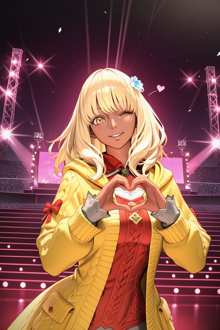 masterpiece, best quality, amazing quality, absurdres, honeyhyune, blonde hair, yellow coat, red shirt, dark skin, dark-skinned female, solo, smile, wink, one eye closed, heart hands, looking at viewer, medium breasts, outdoors, stage, stage lights, bright colors, vibrant colors