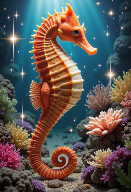 a seahorse in a coral reef surrounded by sparkling effect