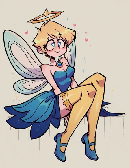zPDXL, score_9, score_8_up, score_7_up, source_anime,
1girl, solo, heart eyes, (sitting on lap), angel wearing Ethereal white ensemble with a flowing top, layered tulle skirt, wearing a ethereal tiara crafted from moonlight, gold stockings, blue ballet flats, feathered (angel wings), (angel halo), wearing a celestial amulet glowing with inner radiance, Tinker Bell, fairy, blonde hair, fairy wings,
<lora:valbun_v2:0.9> valbun,