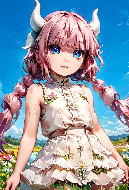 score_9, score_8_up, source_anime, masterpiece, bottom view, full body, (scenary:1.2),, vivid colors,, shiny skin,, realistic anime, Kanna_Kamui, blue_eyes, slit_pupils, pink_hair, low_twintails, long_hair, blunt_bangs, gradient_hair, flat_chest, dragon_horns, purple tail, white sundress,, white_thighhighs, sleeveless,, flower field, purity eyes, one arm on the head, grass field, cotton clouds, blue sky, animate, perfect style,