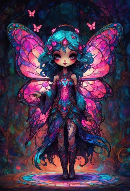 CreepyCuteMagical,   A mischievous fairy with butterfly wings made of stained glass. Her wings shift colors as she moves, reflecting shades of neon pink, purple, and blue. She carries a tiny lantern filled with swirling magic.