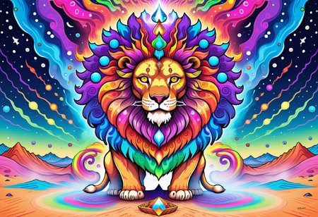 A huge incredible lion is walking along the colorful psychedelic dunes of ((desert)). the lion's mane shimmers with all the colors of the rainbow. it feels like a lion is burning with a multicolored flame. background:  ((black night)) with rare large stars. the inscription on the picture: "Graógramán" (the whole picture resembles an acid trip. front view)