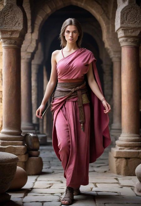 (photo:1.75) (D&D character) tan (Age 21) (monk/fire sorceress:1.23) (shorter hair, light brunette:1.23) (5'8) (130lbs) (28B-23-31 figure:1.24) makeup (sliver/pink attire:1.2) athletic (medium breasts)  (blue eyes) in monastery full body real life like HDR