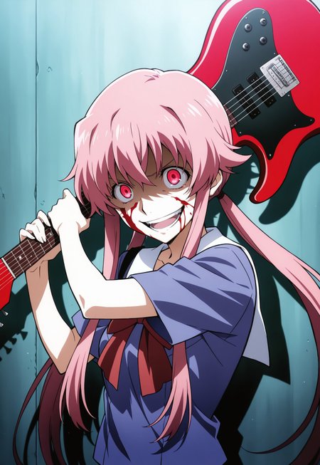 1girl, crazy smile, smashing_guitar, holding instrument, electric guitar, guitar on shoulder, shadow on face, upper body, gasai_yuno, mirai_nikki, gasai yuno, mirai nikki, 1girl, pink eyes, red eyes, pink hair, long hair, twintails, school uniform, blood guitar,
masterpiece, no humans, best quality, high quality, cute, highres,absurdres
