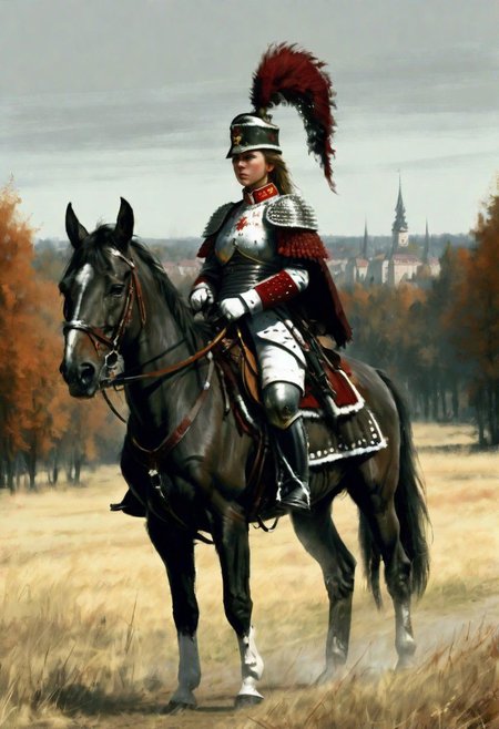 beautiful slim large-breast young heavy-armor female Hungarian hussar, long boots, digital painting in jrst artstyle