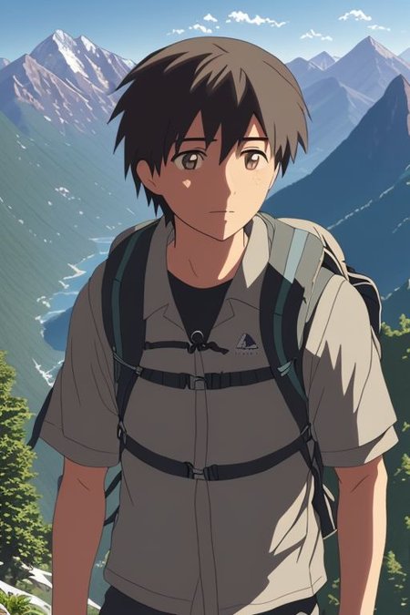 high resolution, solo, best quality, 1Boy, Takaki Toono, Brownish Hair, Brown Eyes, landscape, looking away, high mountain, hiking gear, shallow depth of field, OverallDetail