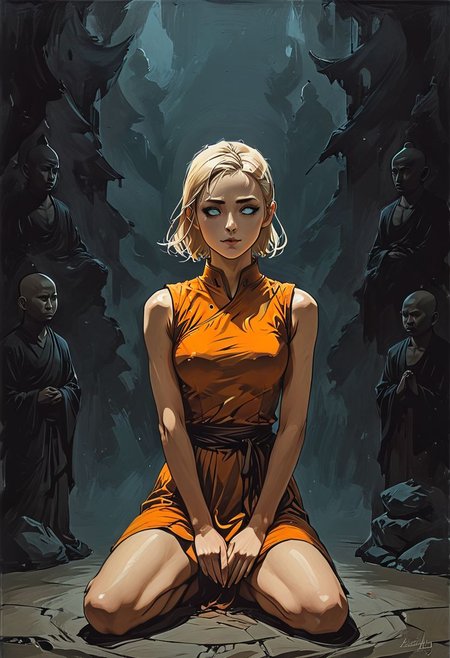 dark atmosphere,  
 Hand on head, 1girl, 1man,
girl kneeling in front of the man monk,
 blind man Buddhist monk with round face white eyes no eyebrows no hair bald paw-eared round cheeks narrow lips  man white sclera eyes Whitewash Eyes and orange Kashaya,
girl side view adult [Nordic] Hourglass fitness body perfect Olive skin Profile Angle Long neck Oval Face Sagittal Plane Curves spinal line long slim fitness arms snub Nose Dimpled Cheek Monolid Eye type, girl (blue eye) Short blonde Waves pixie  hair, Attached Pointed ear shoulder blades long slim fitness legs, 
 graphic style of novel comics, perfect hands, 2d, 8k, hyperrealism, masterpiece, high resolution, best quality, ultra-detailed, super realistic, Hyperrealistic art, high-quality, ultra high res, highest detailed, lot of details, Extremely high-resolution details, incredibly lifelike, colourful, soft cinematic light,