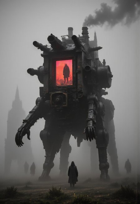 neon-mist, Upper third Image content, a DARK Gradient from the bottom to a lighter top, a grotesque, steam-powered walking Gothic fortress lurching through the dense fog, its towering, rusted frame groaning under the weight of countless pipes, gears, and asymmetrical iron plates. Its mechanical legs, clawed and skeletal, sink into the misty meadow, each step releasing a wheezing burst of vibrant neon turquoise-yellow-pink steam. Resembling a coloss of a Knight, The structure looms like a hulking, mechanical beast, its warped chimneys exhaling thick, oily smoke that twists into the eerie sundawn sky. Shadows flicker through the fog, revealing glimpses of haphazard towers, grinding gears, and flickering lanterns casting unsettling, elongated silhouettes. The air hums with the sound of creaking metal and the distant hiss of unseen machinery, a monolithic steampunk horror wandering without end.