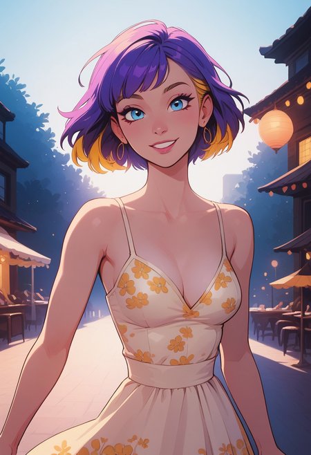 score_9, score_8_up, score_8, 1girl , solo sexy woman, sky blue eyes, straight short purple hair, elegant bob hair, (yellow highlights), bangs, hair swept to one side,  pink eyeliner, perfect face, elegant, refined, medium breasts, colorful floral sundress, sweet smile, dynamic pose, volumetric lighting, cinematic lighting, outdoors, festival, vibrant colors, blurry background