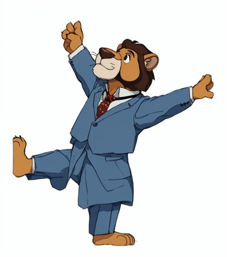 score_9,score_8,score_7,source_furry,
<solo:1.5>,
<1boy:1.5>,
willy_fog, transparent background, solo, 1boy, furry, male focus, formal, suit, full body, barefoot, furry male, lion,
<white background:1.5>,
<simple background:1.5>,
 <lora:Willy_Fog:1> willy_fog,
<lora:90s4n1m3XLP:1> 90s4n1m3