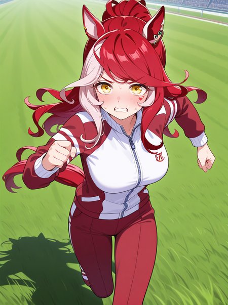 masterpiece, best quality, amazing quality, very aesthetic, absurdres, newest,shiny skin,, anime screenshot,  anime coloring, ,
 <lora:LovesOnlyYou:0.9>1girl, solo, animal ears, horse ears, , yellow eyes, horse girl, horse tail, , multicolored hair, red hair  heart tattoo, tracen training uniform , sweat,  clenched teeth,  red_pants long sleeves,  running,  race_field grass