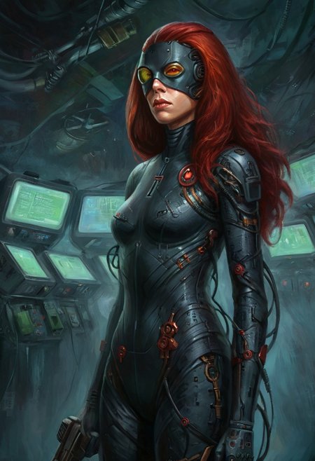 w4rh4mm3r style oil painting, intricate, grimdark,, detailed, fanatical retro military spy, female, damaged stealth body suit, nuclear cyberspace background, (long flowing red hair)