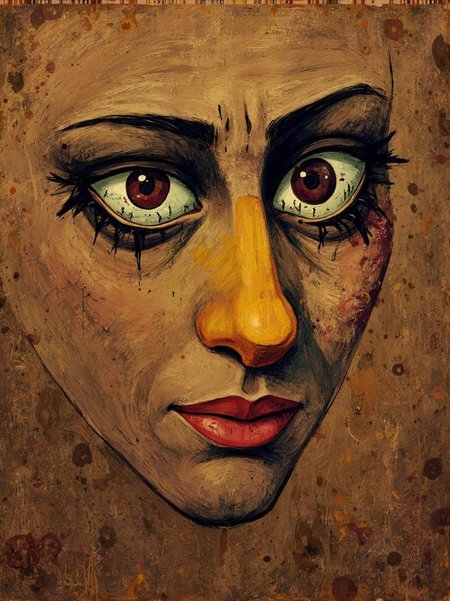 <lora:ck-LttleGhost-000011.safetensors:1> in the style of ck-lttlegh0stA self-portrait on a textured, brown background marred by ink and paint splatters. Eyes are twisted and asymmetrical, with no pupils, set amidst chaotic brushwork. A bold, yellow-red nose dominates the image, while the overall style is a dissonant blend of abstract expressionism. No discernable details or context can be gleaned, leaving only an air of mystery and unease.