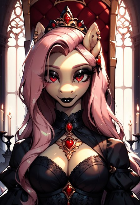 core_9, score_8_up, score_7_up, score_5_up, source_anime, ((masterpiece)), ((best quality)), (high detail), (ultra detail), Fluttershy, anthro, pony, large expressive eyes, flowing mane, elegant gothic dress, seductive gaze, red eyes, black lipstick, slender body, delicate muzzle, long flowing tail, sitting on a throne, gold jewelry, candlelight, moonlight streaming through tall gothic windows, dimly lit gothic castle, complex background, divine rays, warm atmosphere, dramatic shadows, intimate lighting, cinematic composition, (close-up) shot of face and upper body, mysterious aura, ethereal beauty, fantastic lighting