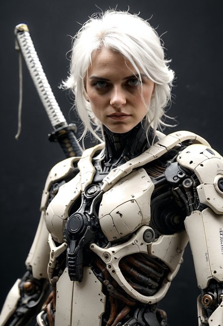 photo, ciri 1girl, solo, (dutch angle:1.3), (long white hair:1.2), grey eyes, weapon,  sword,  (scifi|cyber|exoskeleton:1.2), simple black  background, headgear, katana, (science fiction:1.4),  cyborg, robot joints, tactical gear, (weapon on back:1.3), cinematic photorealistic light
