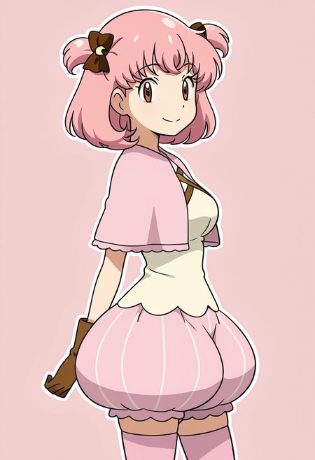 masterpiece, best quality, solo, curvy, beautiful eyes, narrow waist, large breasts, 1girl, solo, smile, looking at viewer,    zzMomo, brown eyes, short hair, pink hair, hair bow, two side up, hair ornament, hair ribbon,  capelet, white shirt, brown gloves, puffy shorts, pink thighhighs, zettai ryouiki,  ,<lora:MomoByKurumiErika_IXL:1.0>,  upper body, side view, smile, looking at viewer, shiny skin,