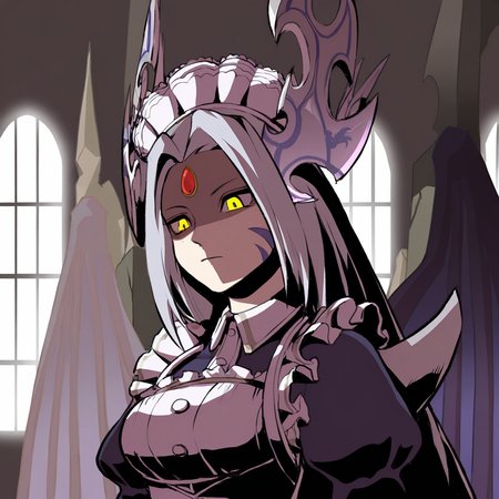highres, best quality, masterpiece, very aesthetic, newest,final fantasy,epic,vivid detail,intricate linework,full color,hard shadows,solo,1girl,dorugoramon maid,half shaded face,neutral expression,upper body,indoors,silver hair,red forehead gem,yellow eyes,dorugoramon wings,dorugoramon horns,upper body,maid dress,maid headdress,indoors,window,female focus, <lora:DorugoramonIllustrious:1>