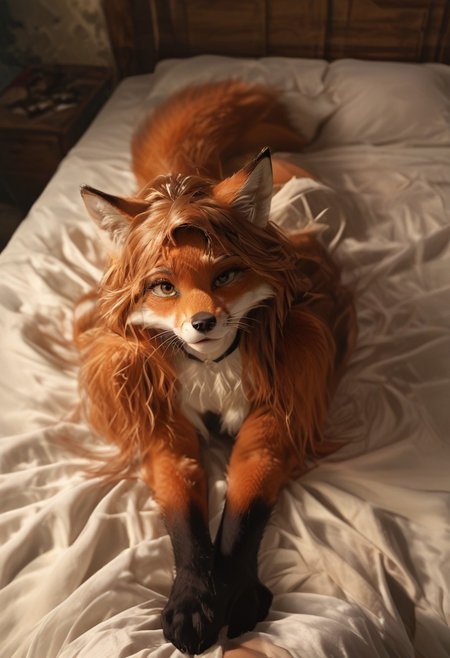 score_9, score_8_up, score_7_up, highres, (realistic:1.4), perfect sharpness, female (animal furry), very silky detailed fur, tail, paw, animal ears, wide shot
1girl, fox_girl, fox_ears, fox_tail, black choker,  medium breasts, furry body, black silk robe, long hair, lying on front, feet up, head on hands, looking at viewer, night, Moonlit