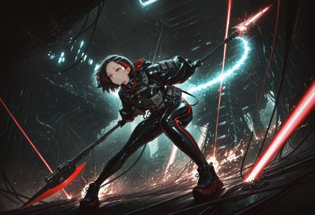 1rregular_b0, hyperdetailed_bg, (realistic_bg:1.2, su22eal_bg:1.2), (full_bg:1.4), (scifi:1.3, futuristic, megastructure, sparks, red electricity, cables, wires, electric circuit, glowing), (detailed background), 

(1girl, solo, bend forward, holding, halberd, laser,  dynamic pose), ((tatical outfit:1.2), (beltwear:1.4), black outfit, naked, belts, oversized jackets, baggy sleeves, gun strap, pockets, straps), ((great anatomy, correct anatomy, akariL, wide forehead, black hair, short hair, red_streaked_hair, greenish_grey_pupils, red_iris, small breasts)),

from below, dynamic angle, fullbody, long shot,

((best quality, absurdres, amazing quality, HD, intricate, ultra-detailed, newest, visual impact, very aesthetic, high contrast)), 4K, detailed facial features, detailed clothing features, detailed texture