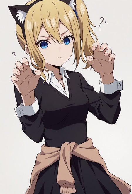 score_9, score_7_up, score_6_up, score_5_up, source_anime, rating_safe, (anime screencap:0.3), solo focus, dutch angle, 1girl, Hayasaka_Ai, blue eyes, blonde hair, side ponytail, medium breasts, hair scrunchie, shuuchiin academy school uniform, necklace, cardigan, clothes_around waist, long sleeves, black dress, collared shirt, hands up, paw pose, confused, animal ears, cat ears, headband,
