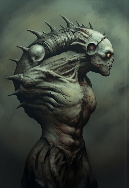 aidmaMJ6.1, Made out of paper, a PaperStyle , d4artstyle, d4concept, , d00mstyle, made of clay, ZBClay model of a gray sculpture
A grotesque, alien-like entity resembling a giant, malformed eyeball encased in veiny, fleshy tissue. The central eye is bloodshot and pulsates with a malevolent glow, its iris surrounded by dark, cracked skin. Multiple tentacles or appendages emerge from the lower part of the creature, writhing and curling in a disturbing manner, while the upper portion is encircled by a crown of jagged, bony spines that give it a sinister and protective appearance. The skin is mottled green with reddish veins coursing through it, suggesting a living, organic mass that defies natural form. The creature exudes an aura of otherworldly horror and seems to watch with an unblinking gaze, evoking dread and fascination.
Background solid color with a faded dimly lit, fog-covered darkness tone that emphasizes its silhouette. 
 The medium is not a traditional painting or illustrative medium like watercolor or ink but rather a digital rendering, eerie and unsettling.