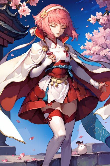 score_9, score_8_up, score_7_up, score_6_up, source_anime, 1girl, solo, <lora:fesakura-pdxl-nvwls-v1-000008:1> defSaku, pink hair, short hair, white hairband, cape, white dress, red sash, white sleeves, armored skirt, white thighhighs, cherry blossoms, flower petals, night sky, serious, closed eyes
