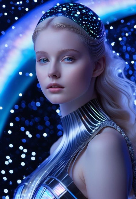standing, long shot, highest esthetic score, photo of an exquisitely beautiful pale skin  european 1girl, 19yo, modern implementation of sci-fi  "botichhelli The Birth of Venus" fantastic epic masterpiece, starlight falls on beautiful young face. Depth of field, insane details:1.4,  ultra detailed, absurdres, 1:280f Zeiss lens, long aperture, abalone shell, fiery opal, platinum, obsidian ,feet in the shell, extraterrestrial sight, intricate background