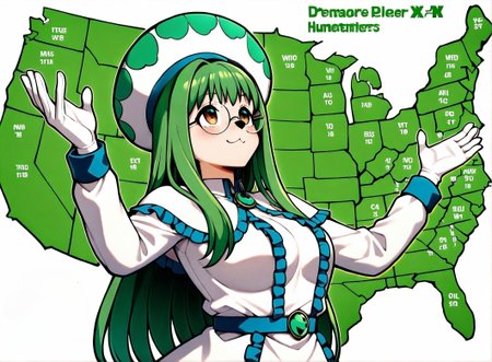 masterpiece,best quality,amazing quality,very aesthetic,absurdres,newest, huge filesize,
<lora:spo_sdxl_10ep_4k-data_lora_webui:0.5>,
map, (united states), outstretched arms, upper body, green map background, white background, english text, <lora:JebWinsMeme_illusXL_Incrs_v1:1>, 1boy, looking up, seductive smile,
BREAK
<lora:cheadle_yorkshire_XL-bf16-pony-v1:0.7>cheadle_yorkshire, frilled dress,circle  hat,  green hair,  frilled dress, 
cheadle yorkshire(hunter x hunter)  , dog girl, glasses,  dog nose,yorkshire face, long sleeves,  white dress, white gloves,