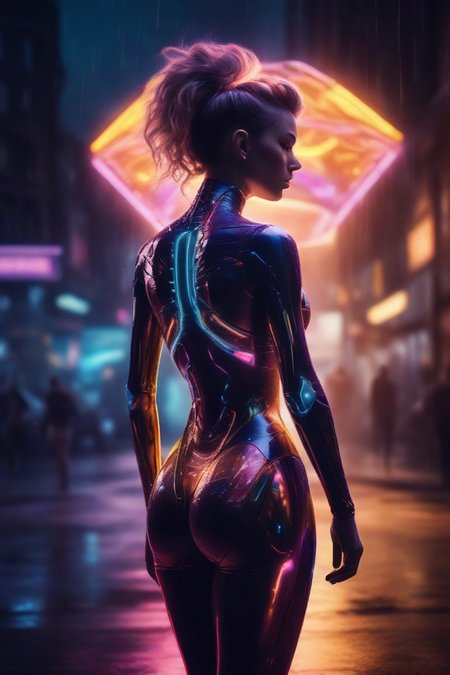 young woman standing on a futuristic street, (raining:2.0), car lights can be seen in the background, super sexy mechanical leotard, midriff, beautiful ass, surrounded by neon colors, 3/4 turned to side,  <lora:sdxl_lightning_8step_lora:1>,   (photorealistic:1.2), (intricate and beautiful:1.8), interesting setting:2, cute fit 18 year old, girl, young, giant breasts, facing side, (masterpiece, best quality, highres:1.2),  <lora:CyborgCosplay_SDXL:1> , CyborgCosplay, mechanical arms, mechanical legs, head gear,  futuristic, technological, cybernetic enhancements, Cosmic light in backfront, omnipotent, color graded cinematic, backlight:2, hair light:2,   <lora:SDXLFaeTastic2400:0.35> ,  vibrant whimsical colors, whimsical fantasy,  cinematic composition:2,  <lora:great_lighting:3> , great lighting,