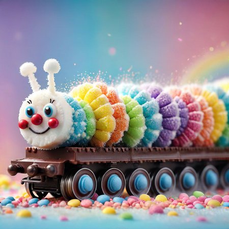 fluffy caterpillar train, close-up, glistening rainbow sprinkles, candy buttons, marshmallow wheels, chocolate steam engine, detailed textures, hyperrealistic, soft focus, bokeh background