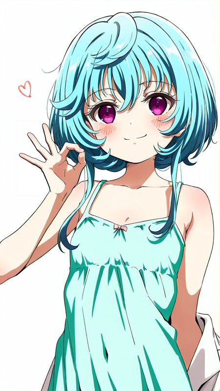 white_background,simple background,1girl,solo,full_shot,looking_at_viewer,<lora:Maryberry_Illustrious_v8:1>,Maryberry,blush,anime screenshot,sincos,looking_up,smile,labcoat,ok_sign,camisole,, masterpiece, best quality