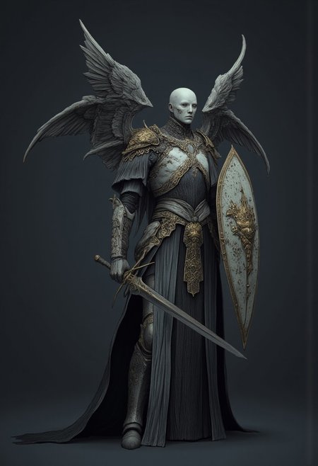 A feathered knight with a cape, holding a templar shield, and a gladiator sword
Set against a solid dark color background to emphasize its unsettling unnatural form that emphasizes its silhouette. The medium is not a traditional painting or illustrative medium like watercolor or ink but rather a digital 3D rendering.
MikeFranchinastyle, d4artstyle, d4concept, , bbstyle,, horror theme,, zbrush, ZBClay model of a gray sculpture, 1990's, 1990's style
