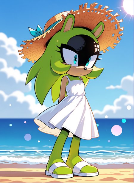 1girl, solo, full body, no humans,
<lora:Surge-the-Tenrec_v4:1> surge the tenrec, black face, aqua eyes, hair down, long hair,
straw hat, sun hat, soft features, white sundress, white sandals, no toes, blob feet,
beach, ocean, sea, sand, cloud, blue sky, romantic scene, bokeh, extremely detailed, highres, masterpiece, best quality