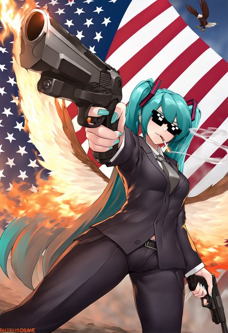 masterpiece, best quality, solo, 1girl, hatsune miku, cowboy shot, outdoors, dutch angle, american flag background, holding gun, gun, fire, eagle, dual wielding, dynamic pose, standing, bird behind head, deal with it \(meme\), sunglasses, cigarette, smoking, suit, (nephlite:0.6), foreshortening, outstretched wings,